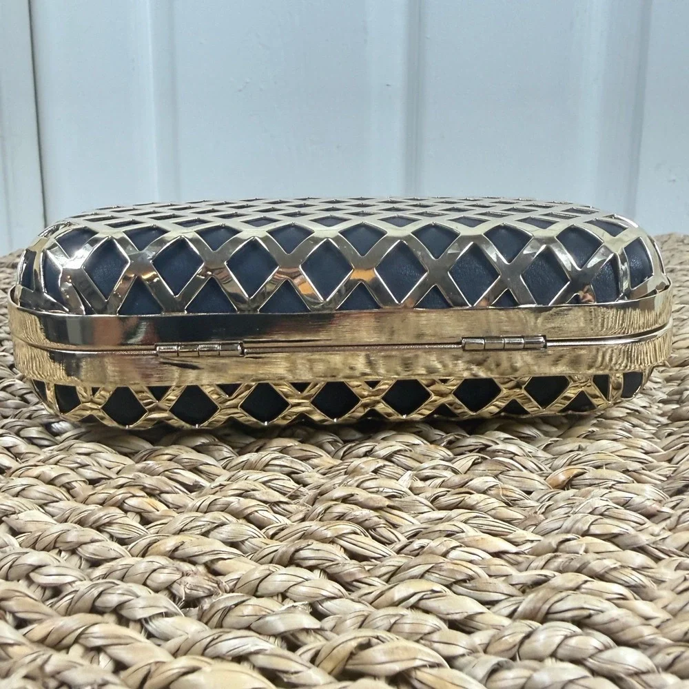 Black Gold Lattice Cage Box Clutch Evening Bag Hard Shell Glam Crossbody Chain